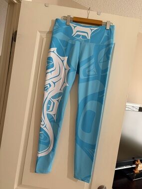 Native American, Ladies High-Rise Turquoise Blue Printed Leggings Large NEW